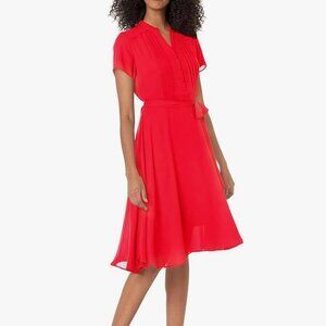 Nanette Lepore Flutter Sleeve Pintuck Shirt‎ Dress Women 4 Red A Line Midi Work